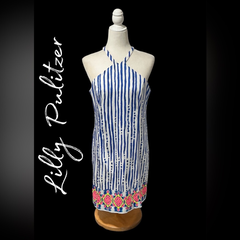 LILLY PULITZER Iveigh Blue Crush Bay Stripe Summer Halter Shift Dress Size 10